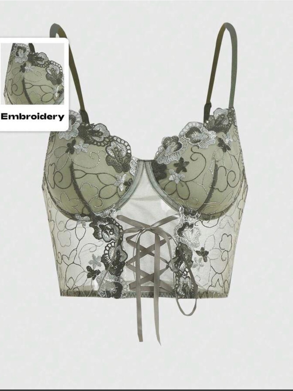 SHEIN Olive Green Embroidered Lace Longline Bralette